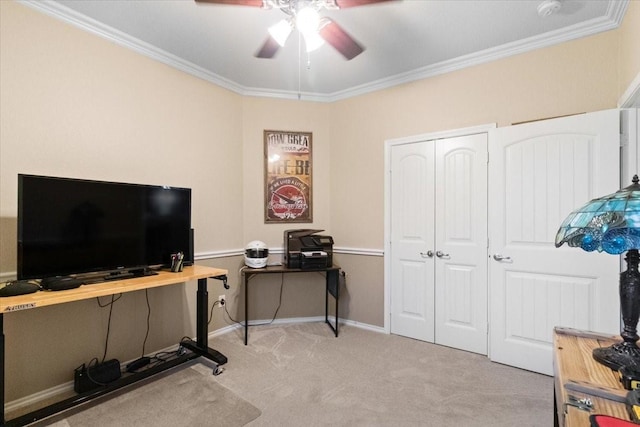 1407 Deer Hollow Dr, Arlington, TX 76002 - office featuring a ceiling fan, crown molding, carpet flooring, and baseboards