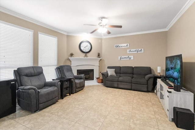 1407 Deer Hollow Dr, Arlington, TX 76002 - living area with a ceiling fan, crown molding, light tile patterned floors, and a fireplace