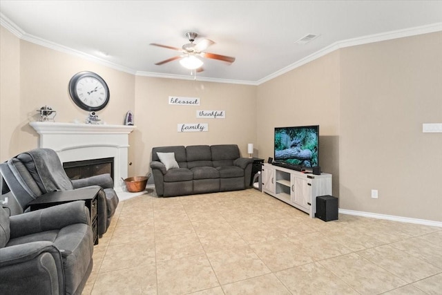 1407 Deer Hollow Dr, Arlington, TX 76002 - living area with ornamental molding, a ceiling fan, light tile patterned flooring, a fireplace, and baseboards