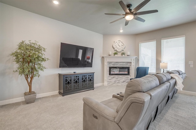1733 Reverie Rd, Burleson, TX 76028 - living room with carpet, a ceiling fan, a fireplace, and recessed lighting