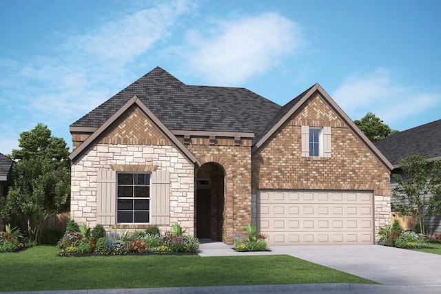 3228 Rawhide Dr, Mckinney, TX 75071 - french country inspired facade with a front yard, driveway, stone siding, and brick siding