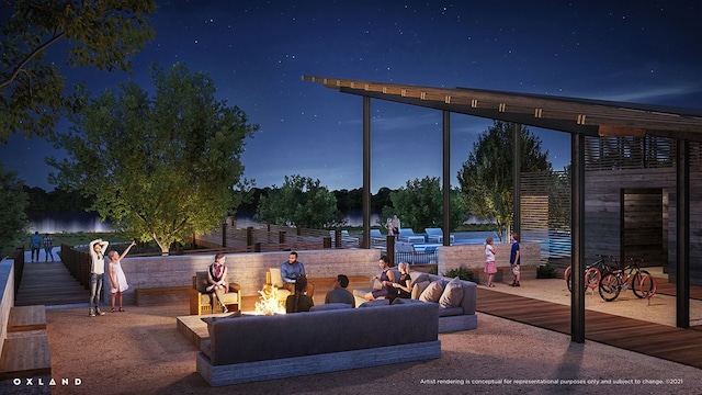 3228 Rawhide Dr, Mckinney, TX 75071 - patio at night with an outdoor living space with a fire pit