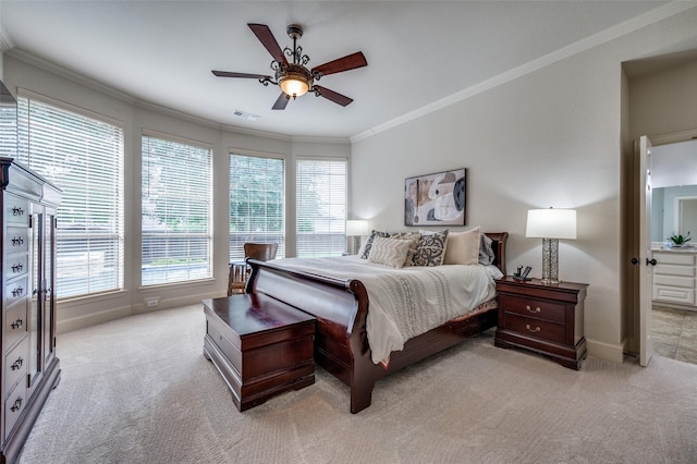 590 Willow Ridge Cir, Prosper, TX 75078 - bedroom featuring light colored carpet, ornamental molding, baseboards, and ceiling fan