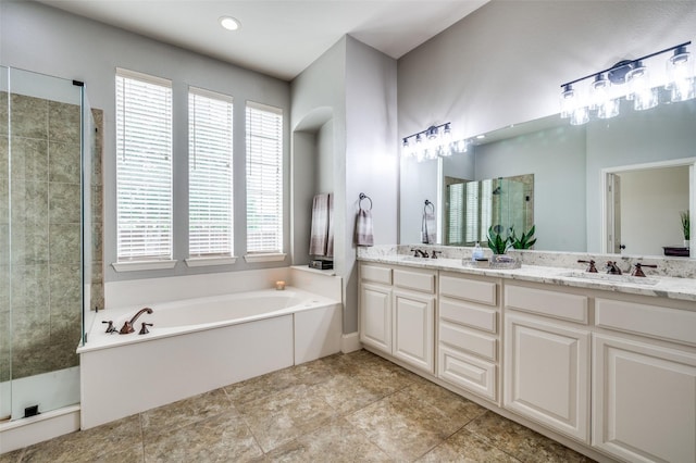 590 Willow Ridge Cir, Prosper, TX 75078 - bathroom featuring a shower stall, double vanity, and a garden tub