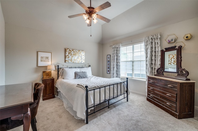 590 Willow Ridge Cir, Prosper, TX 75078 - bedroom featuring light carpet, vaulted ceiling, baseboards, and a ceiling fan