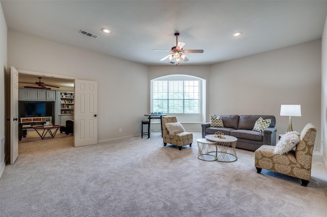590 Willow Ridge Cir, Prosper, TX 75078 - living room with a ceiling fan, light carpet, baseboards, and recessed lighting