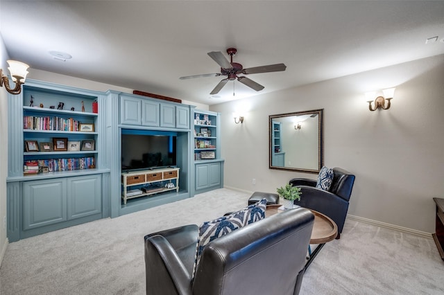 590 Willow Ridge Cir, Prosper, TX 75078 - living room featuring light carpet, a ceiling fan, and baseboards