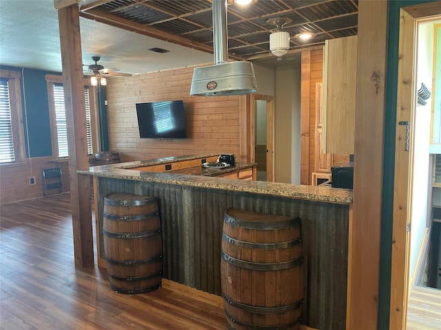 209 E Pine St, Nocona, TX 76255 - indoor dry bar with wood finished floors, ceiling fan, and wooden walls