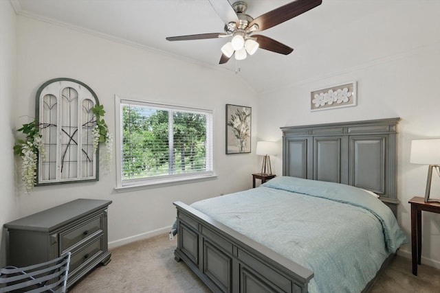 1520 Oakhurst Scenic Dr, Fort Worth, TX 76111 - bedroom featuring light carpet, crown molding, baseboards, a ceiling fan, and lofted ceiling