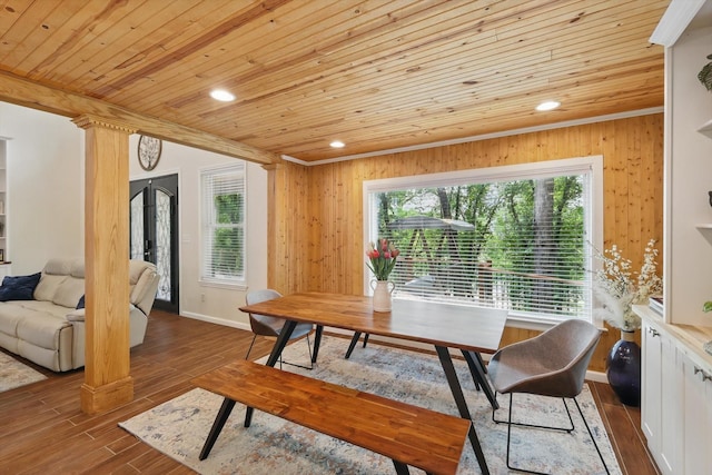 1520 Oakhurst Scenic Dr, Fort Worth, TX 76111 - dining room with wood ceiling, healthy amount of natural light, wood finished floors, recessed lighting, and wood walls