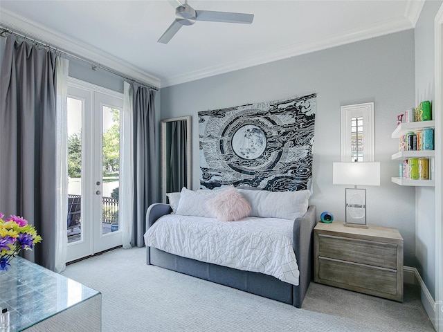 3421 Greenbrier Dr, Frisco, TX 75033 - bedroom with access to outside, crown molding, carpet floors, french doors, and ceiling fan