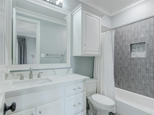 3421 Greenbrier Dr, Frisco, TX 75033 - bathroom with vanity, toilet, crown molding, and shower / bath combo with shower curtain