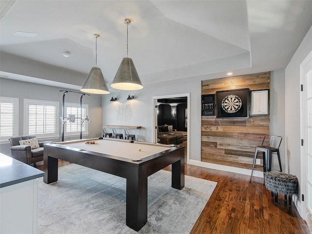 3421 Greenbrier Dr, Frisco, TX 75033 - game room with billiards, wood finished floors, wooden walls, and recessed lighting