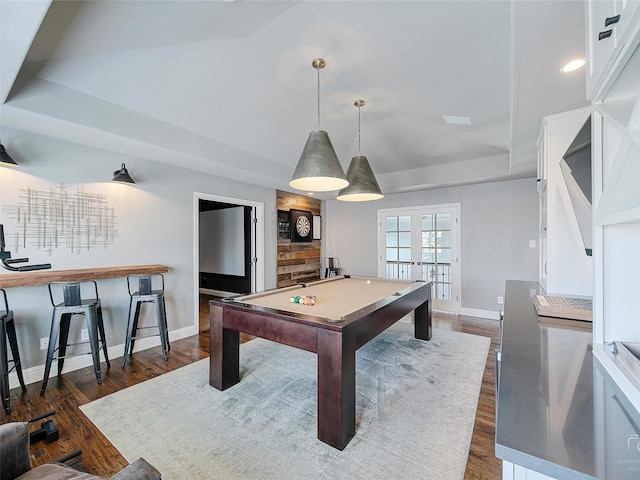 3421 Greenbrier Dr, Frisco, TX 75033 - game room featuring french doors, baseboards, pool table, dark wood-style floors, and a tray ceiling