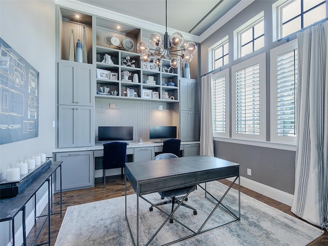 3421 Greenbrier Dr, Frisco, TX 75033 - office area with healthy amount of natural light, crown molding, a chandelier, dark wood-style floors, and baseboards