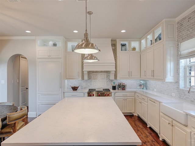 3421 Greenbrier Dr, Frisco, TX 75033 - kitchen with a sink, a center island, custom exhaust hood, light countertops, and tasteful backsplash
