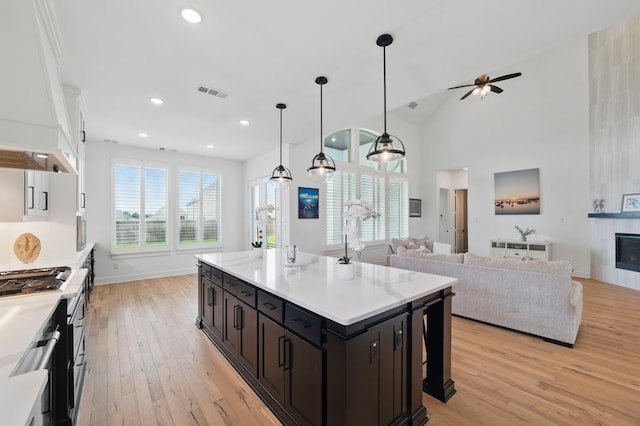 1301 Limestone Ridge Rd, Mansfield, TX 76063 - kitchen featuring light wood-style flooring, stainless steel gas stovetop, light countertops, open floor plan, and a ceiling fan