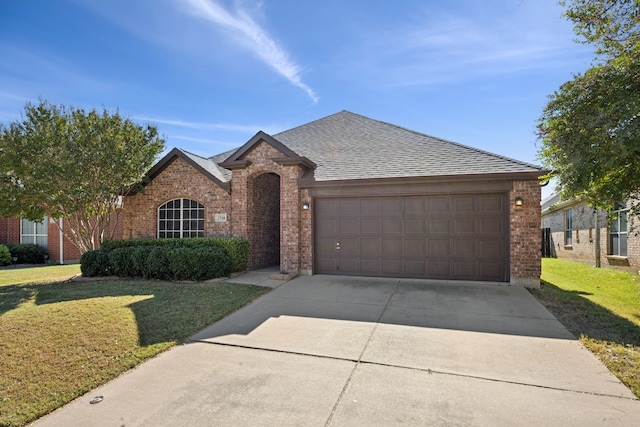 2748 Thorncreek Ln, Fort Worth, TX 76177 - view of front facade featuring brick siding, a front lawn, an attached garage, concrete driveway, and a shingled roof