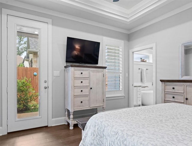 9035 Shallow Cv, Tyler, TX 75703 - bedroom with dark wood-type flooring, crown molding, ensuite bathroom, and baseboards
