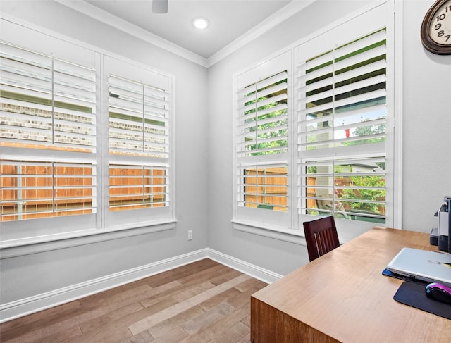 9035 Shallow Cv, Tyler, TX 75703 - unfurnished office with wood finished floors, ornamental molding, healthy amount of natural light, baseboards, and recessed lighting