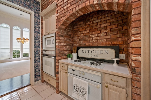 8005 Jefferson Cir, Colleyville, TX 76034 - kitchen featuring white appliances, light countertops, light tile patterned floors, and ornamental molding