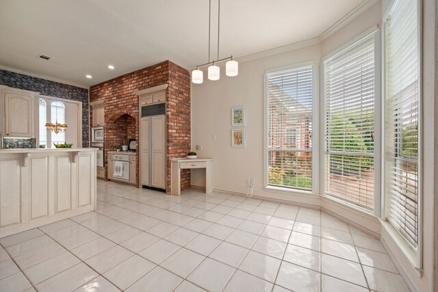 8005 Jefferson Cir, Colleyville, TX 76034 - kitchen featuring built in appliances, light tile patterned floors, crown molding, pendant lighting, and light countertops