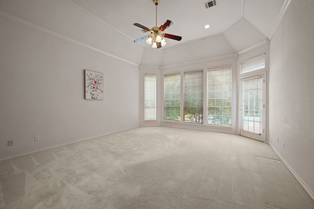 8005 Jefferson Cir, Colleyville, TX 76034 - empty room featuring light carpet, ceiling fan, vaulted ceiling, and baseboards