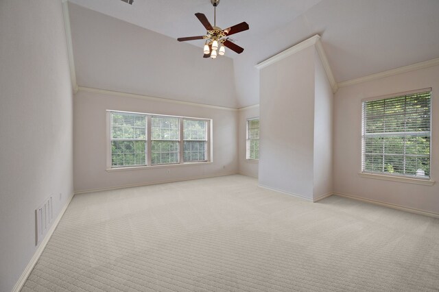 8005 Jefferson Cir, Colleyville, TX 76034 - unfurnished room featuring carpet flooring, a ceiling fan, baseboards, crown molding, and high vaulted ceiling
