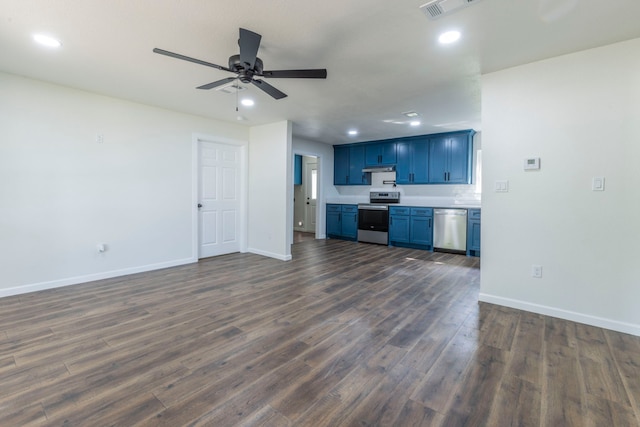 112 S Lakeview Dr, Lacy Lakeview, TX 76705 - kitchen with stainless steel appliances, blue cabinets, open floor plan, baseboards, and recessed lighting
