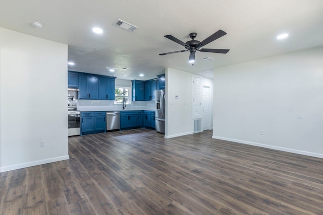 112 S Lakeview Dr, Lacy Lakeview, TX 76705 - unfurnished living room with a sink, a ceiling fan, baseboards, dark wood-type flooring, and recessed lighting