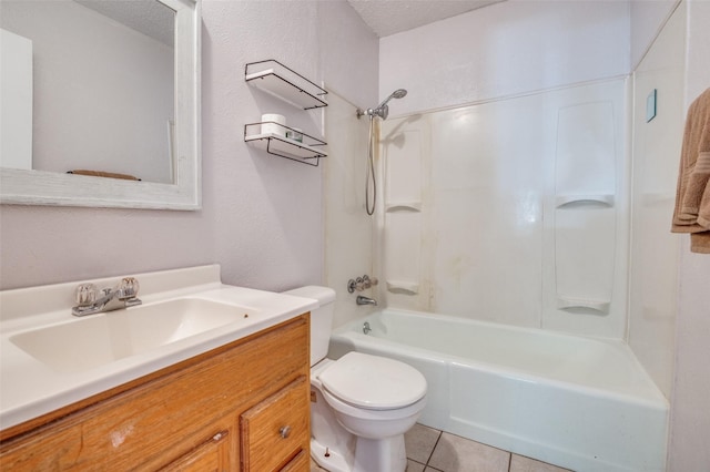 1709 Meadow Vly, Irving, TX 75060 - bathroom featuring toilet, vanity, tub / shower combination, tile patterned flooring, and a textured ceiling