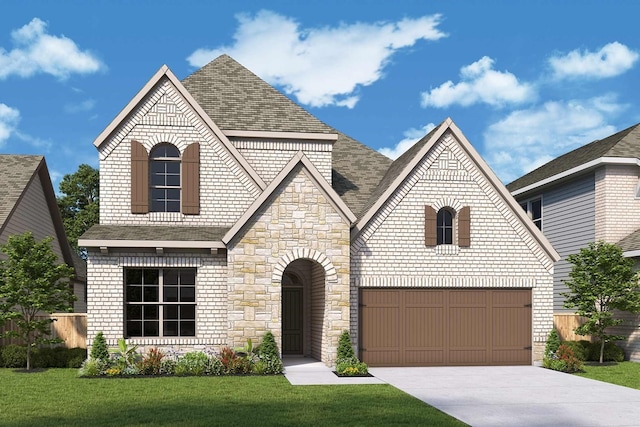 2103 Chance Ln, Northlake, TX 76247 - french provincial home with stone siding, concrete driveway, a shingled roof, and a front lawn
