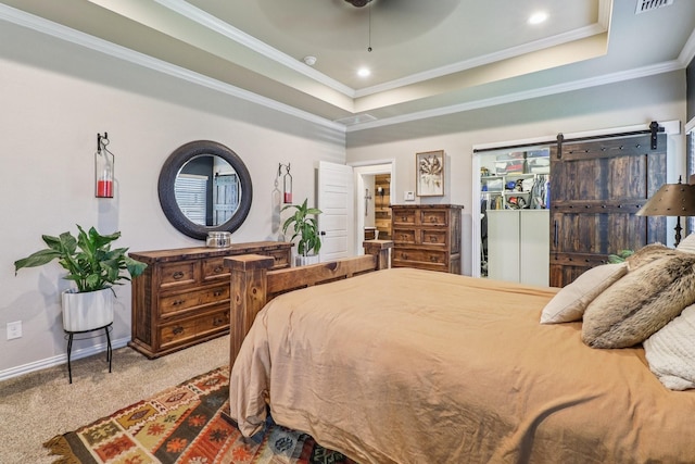 114 Piper Pkwy, Waxahachie, TX 75165 - carpeted bedroom with a tray ceiling, crown molding, baseboards, a ceiling fan, and a closet