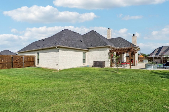 114 Piper Pkwy, Waxahachie, TX 75165 - rear view of property with a pergola, a patio, a chimney, brick siding, and central air condition unit