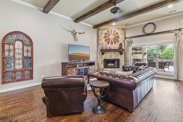 114 Piper Pkwy, Waxahachie, TX 75165 - living room featuring beam ceiling, a stone fireplace, ornamental molding, and baseboards