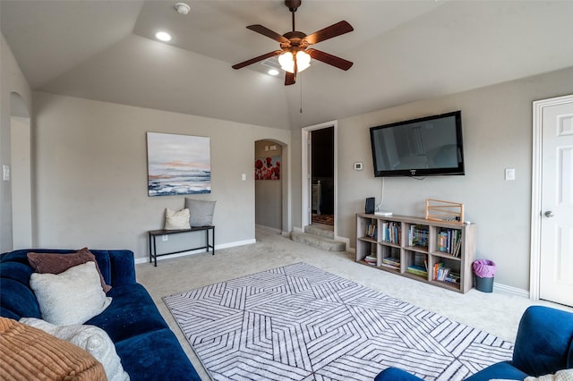 6312 Valley View Dr, Mckinney, TX 75071 - living room featuring arched walkways, carpet flooring, ceiling fan, vaulted ceiling, and baseboards
