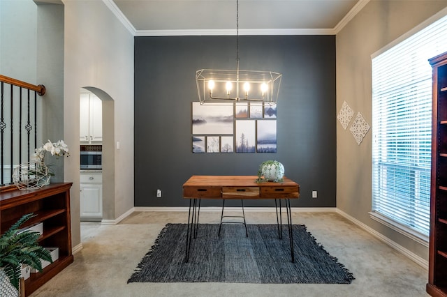 6312 Valley View Dr, Mckinney, TX 75071 - office area with light carpet, crown molding, arched walkways, a chandelier, and baseboards