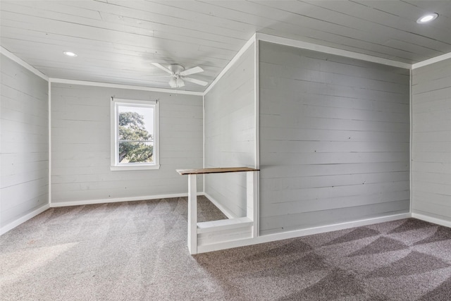 12877 Foutch Rd, Pilot Point, TX 76258 - carpeted spare room with ceiling fan, recessed lighting, wood walls, wooden ceiling, and baseboards