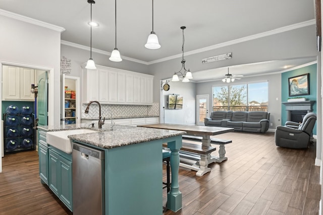 1207 Mae St, Anna, TX 75409 - kitchen featuring stainless steel dishwasher, a sink, tasteful backsplash, dark wood finished floors, and open floor plan