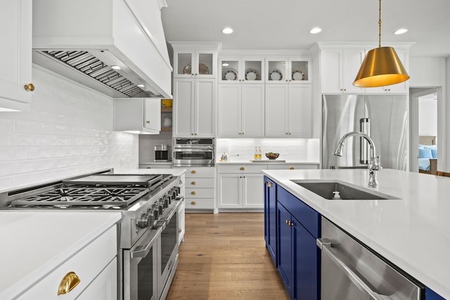 3201 Dovehill Dr, Northlake, TX 76247 - kitchen featuring custom range hood, blue cabinets, appliances with stainless steel finishes, a sink, and light countertops