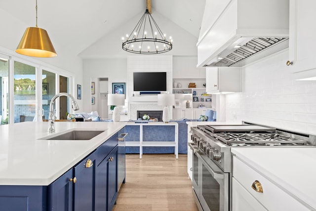 3201 Dovehill Dr, Northlake, TX 76247 - kitchen with blue cabinets, stainless steel appliances, custom exhaust hood, a sink, and lofted ceiling