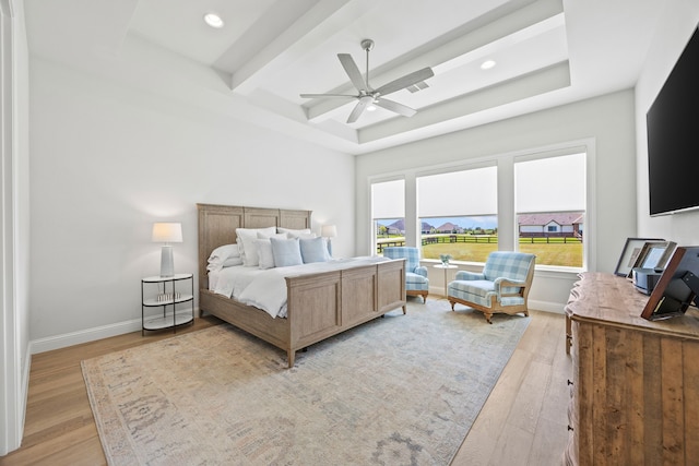 3201 Dovehill Dr, Northlake, TX 76247 - bedroom with light wood finished floors, baseboards, beamed ceiling, and a ceiling fan