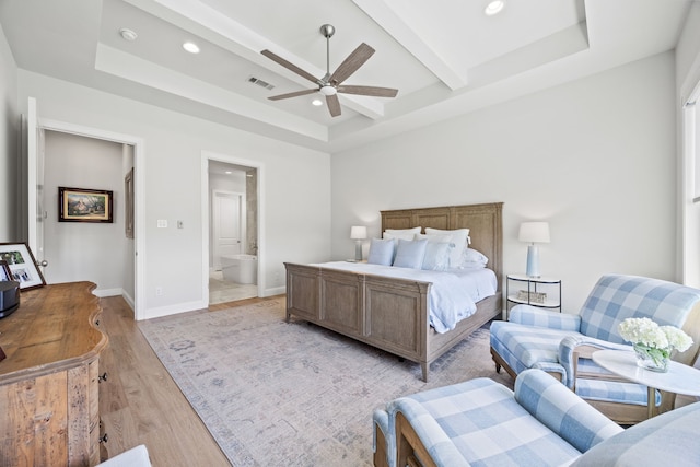 3201 Dovehill Dr, Northlake, TX 76247 - bedroom featuring light wood finished floors, a raised ceiling, recessed lighting, baseboards, and beamed ceiling