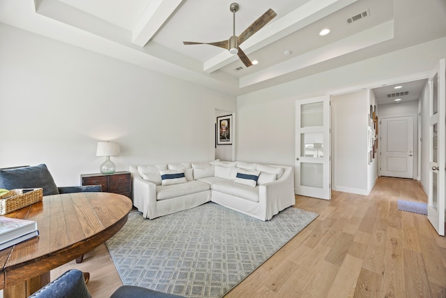 3201 Dovehill Dr, Northlake, TX 76247 - living room featuring recessed lighting, light wood-type flooring, ceiling fan, beam ceiling, and a raised ceiling