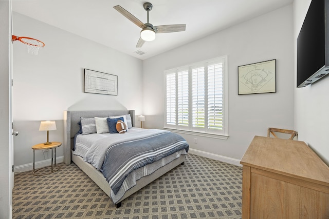 3201 Dovehill Dr, Northlake, TX 76247 - bedroom featuring dark colored carpet, baseboards, and a ceiling fan