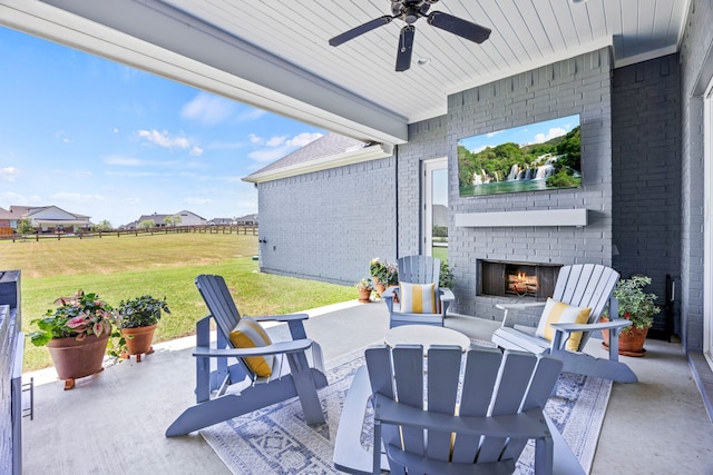 3201 Dovehill Dr, Northlake, TX 76247 - view of patio / terrace featuring an outdoor brick fireplace and ceiling fan