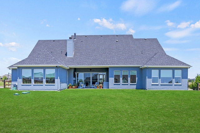 3201 Dovehill Dr, Northlake, TX 76247 - back of property featuring roof with shingles, a chimney, brick siding, and ceiling fan