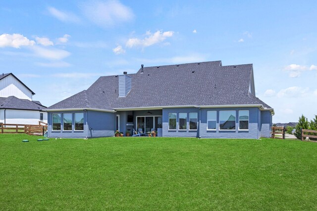 3201 Dovehill Dr, Northlake, TX 76247 - back of house featuring roof with shingles, a chimney, a ceiling fan, and brick siding