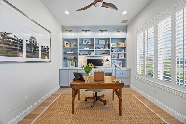 3201 Dovehill Dr, Northlake, TX 76247 - office featuring ceiling fan, light wood finished floors, baseboards, and recessed lighting