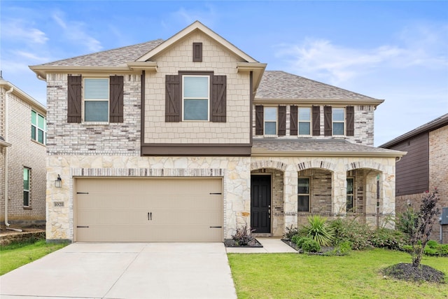 1028 W Dr, Aubrey, TX 76227 - view of front of house featuring stone siding, a garage, covered porch, concrete driveway, and a front lawn